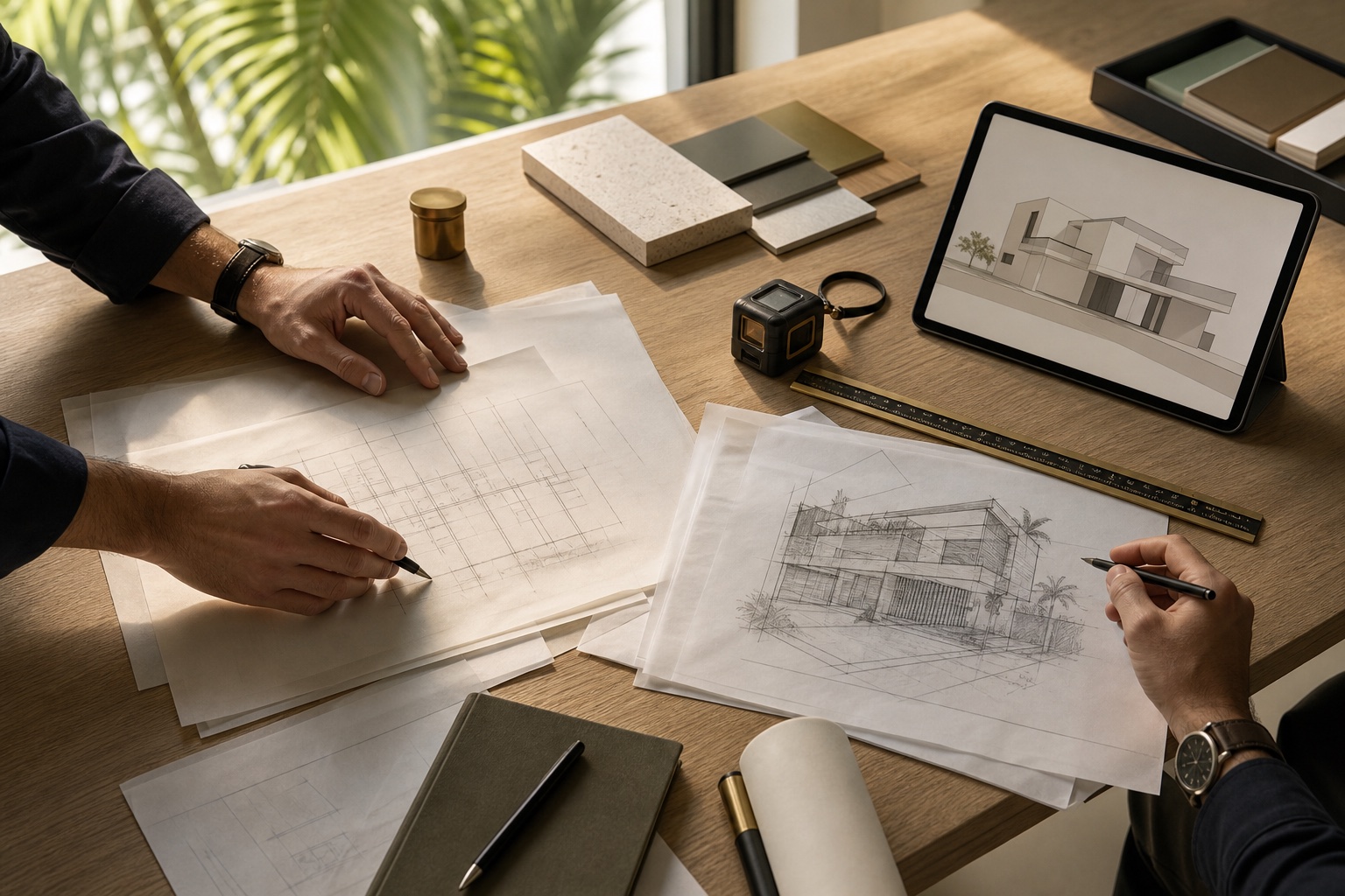 Architects coordinating existing-condition drawings, measurements and corrective documentation for a Miami property