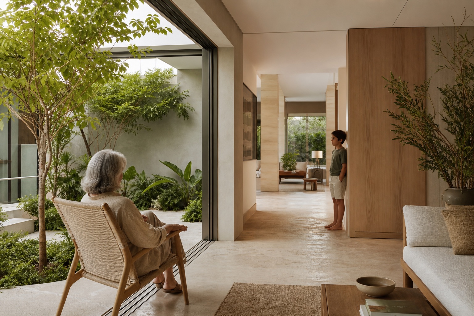 Intergenerational family life in a calm Miami home evaluated for daylight, accessibility, privacy and changing needs
