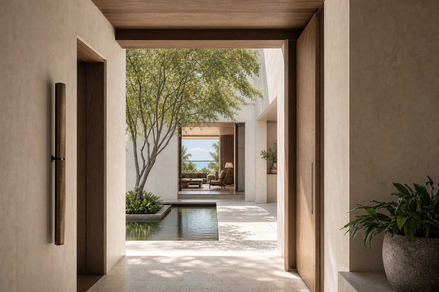 Layered threshold, inner courtyard, reflected light and a framed water view expressing atmosphere in an ESSENCE custom home