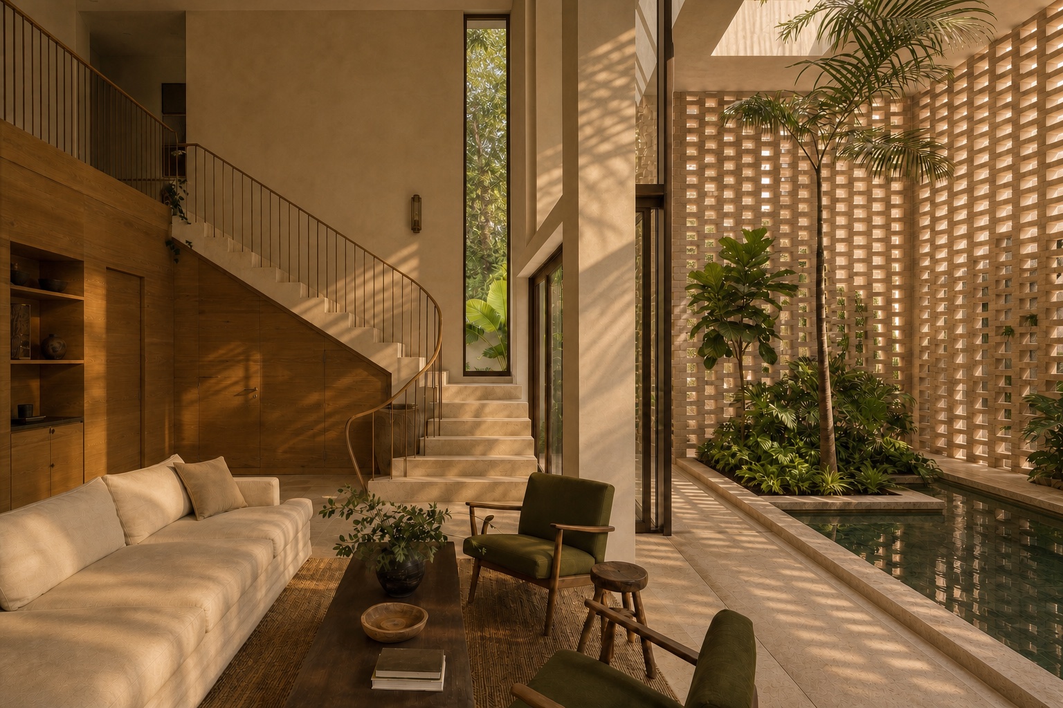 Integrated stair, oak cabinetry, filtered masonry screen, water and tropical courtyard conceived as one architectural interior