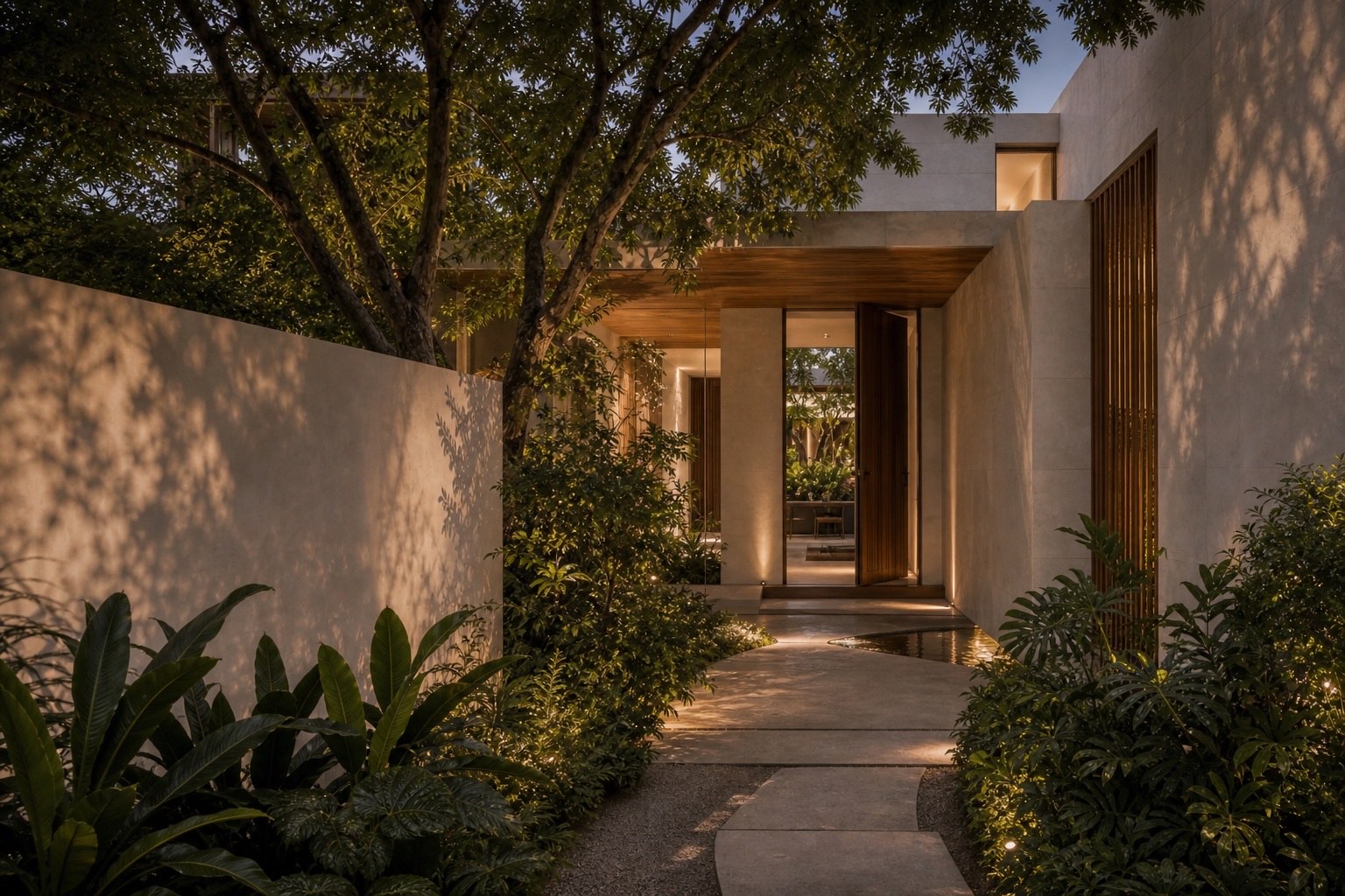 Architectural arrival sequence in a custom Miami home shaped around people, light and place