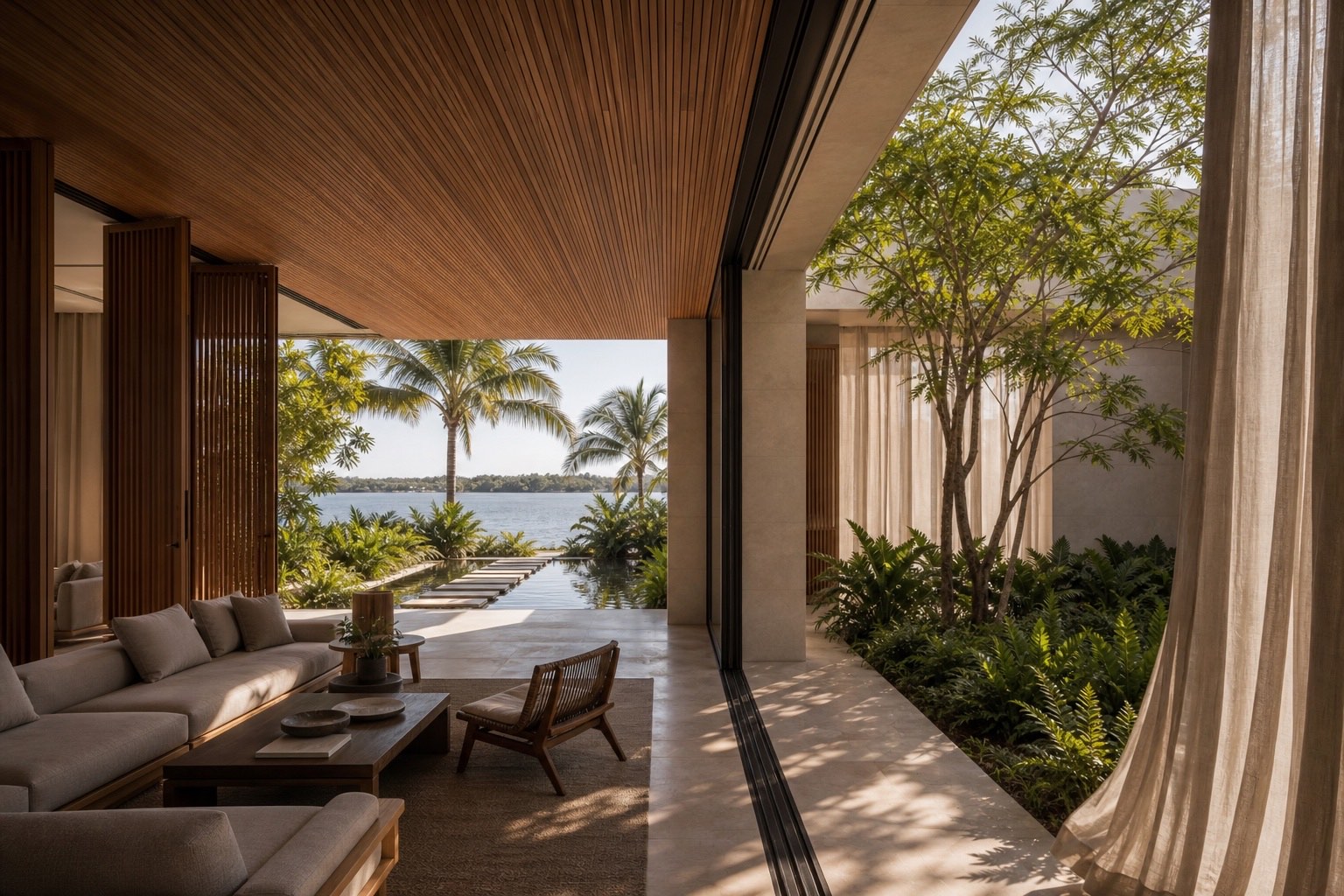 Climate-responsive ESSENCE custom home in Miami shaped by shade, planting, water and natural ventilation