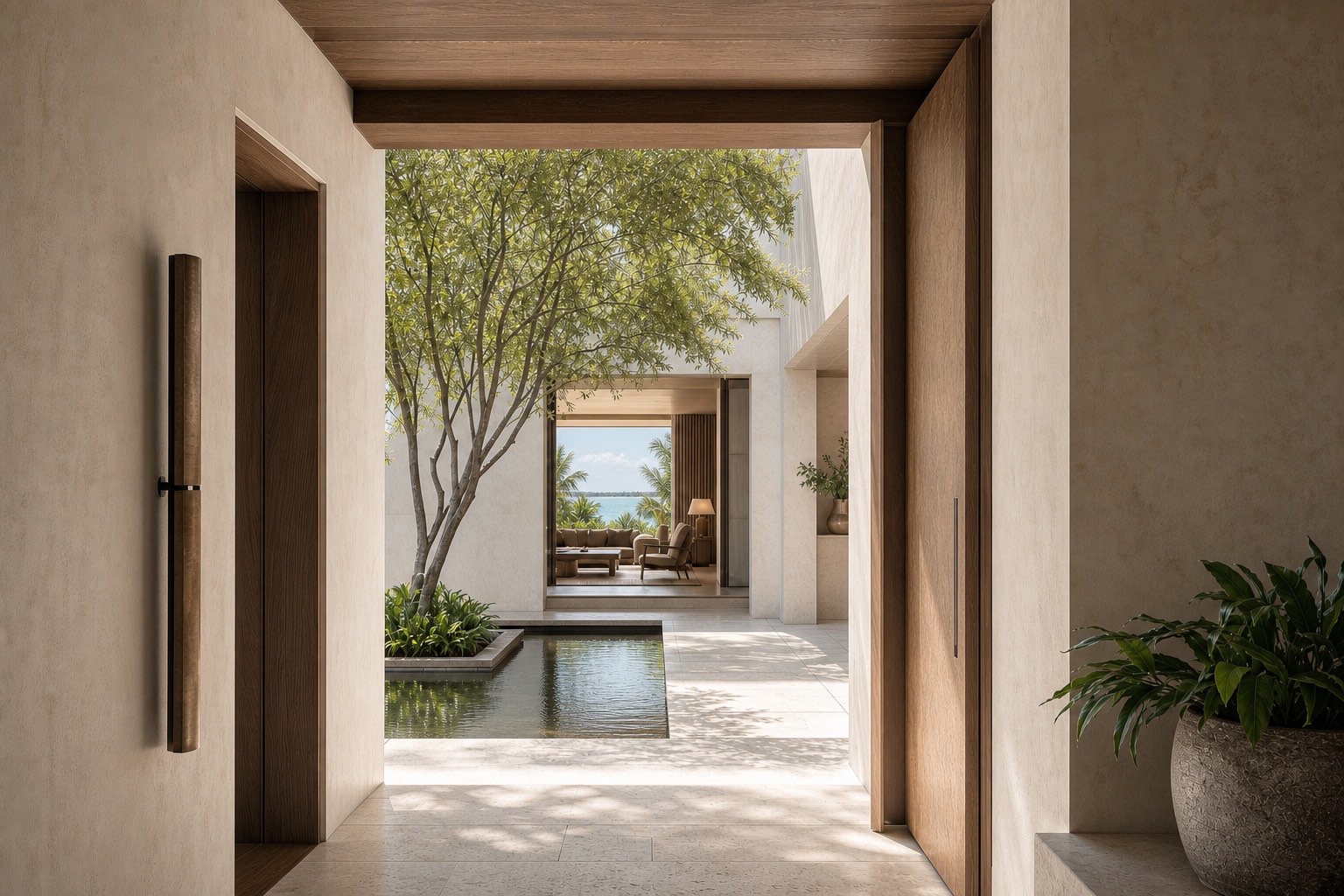 Shaded arrival sequence to a custom Miami home with mature planting, limestone walls and a warm timber entrance.