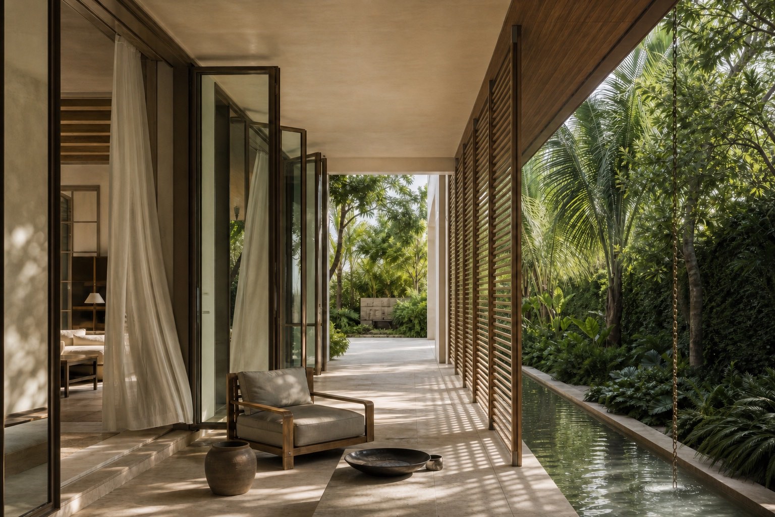 Climate-responsive Miami living space with deep shade, operable timber screens and cross-ventilation toward a planted water court.