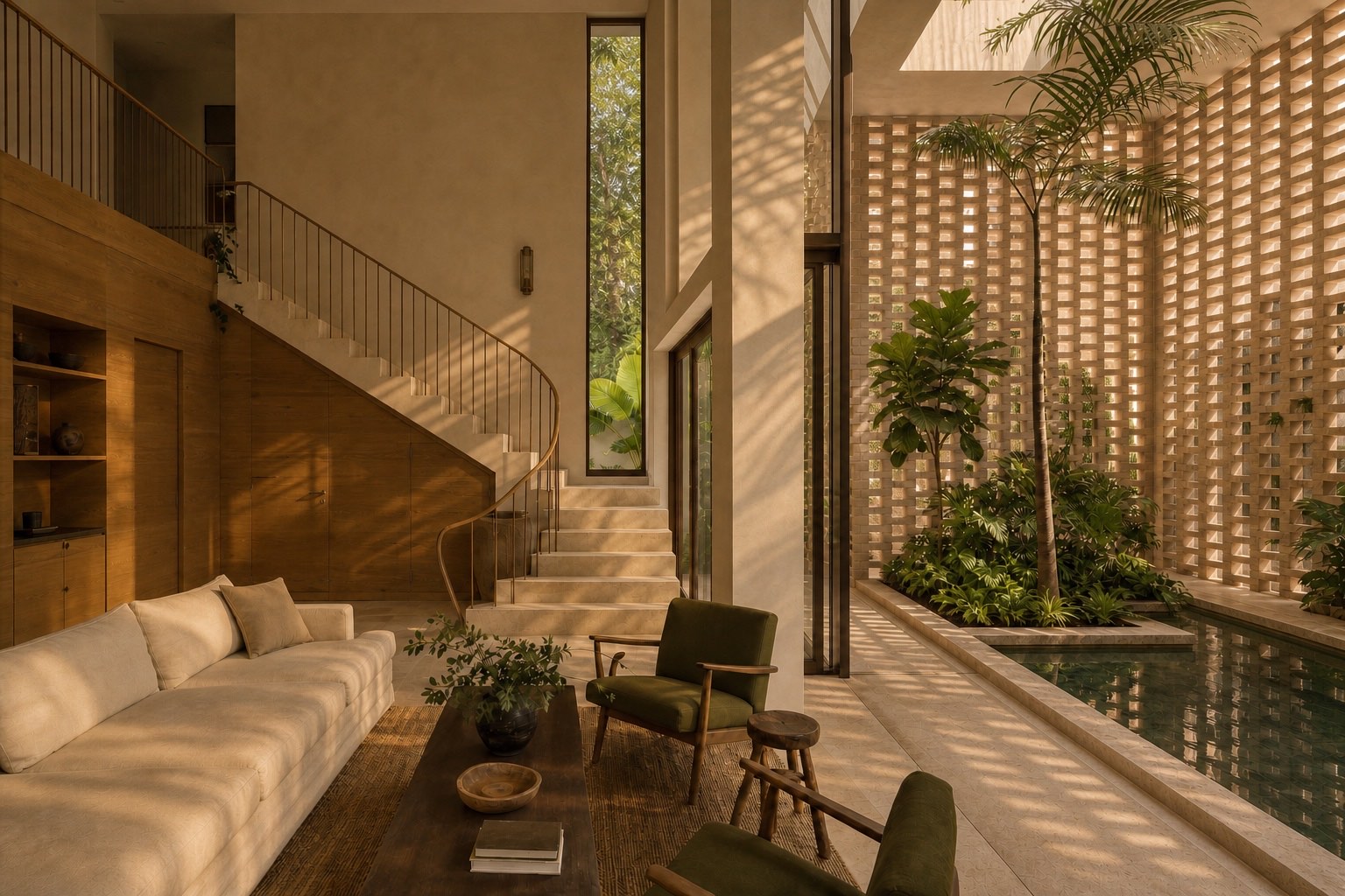 Integrated interior architecture, stair, filtered light and planted courtyard in an ESSENCE Miami custom home.