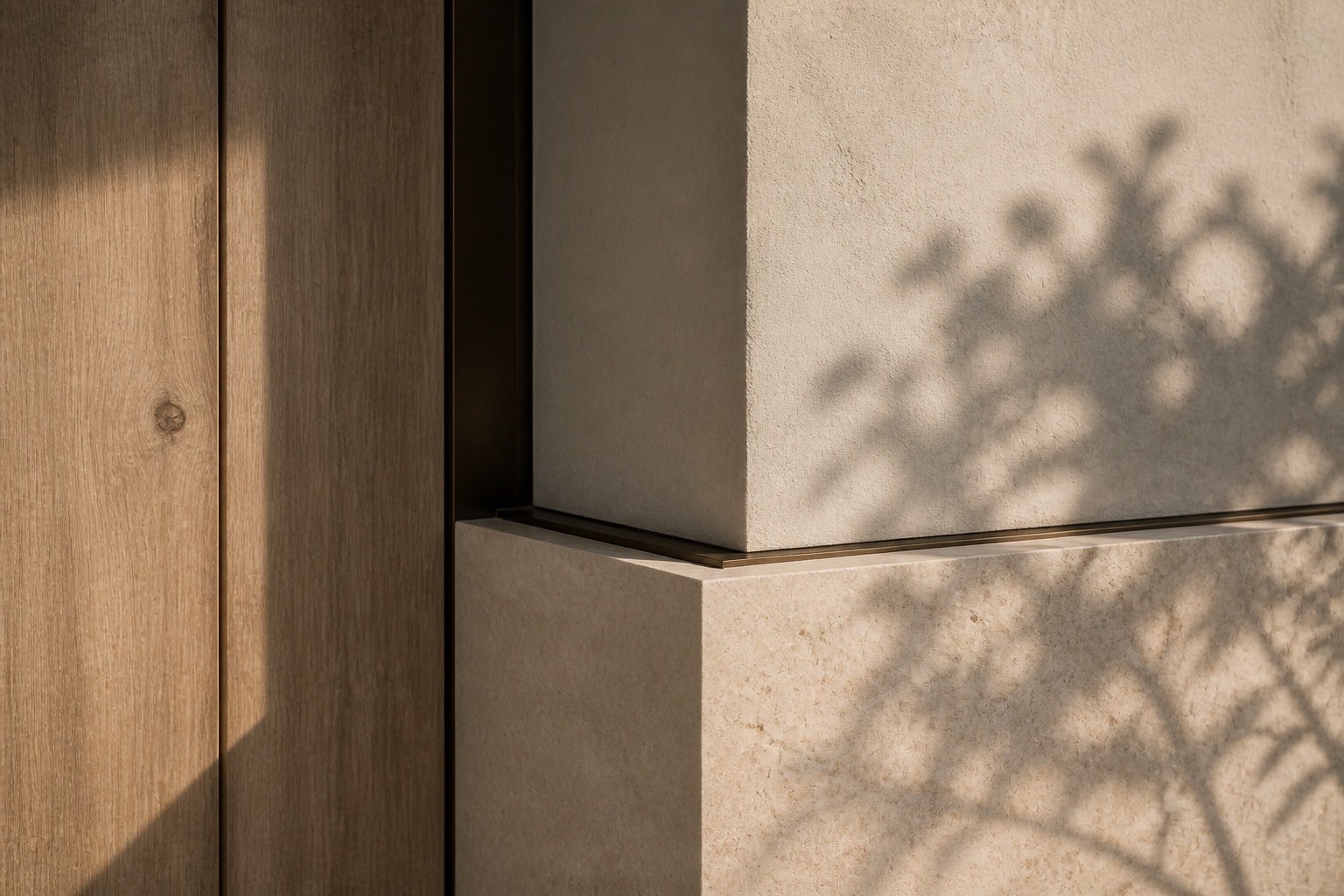 Detailed junction of honed limestone, natural timber and patinated bronze in an ESSENCE custom home concept for Miami.