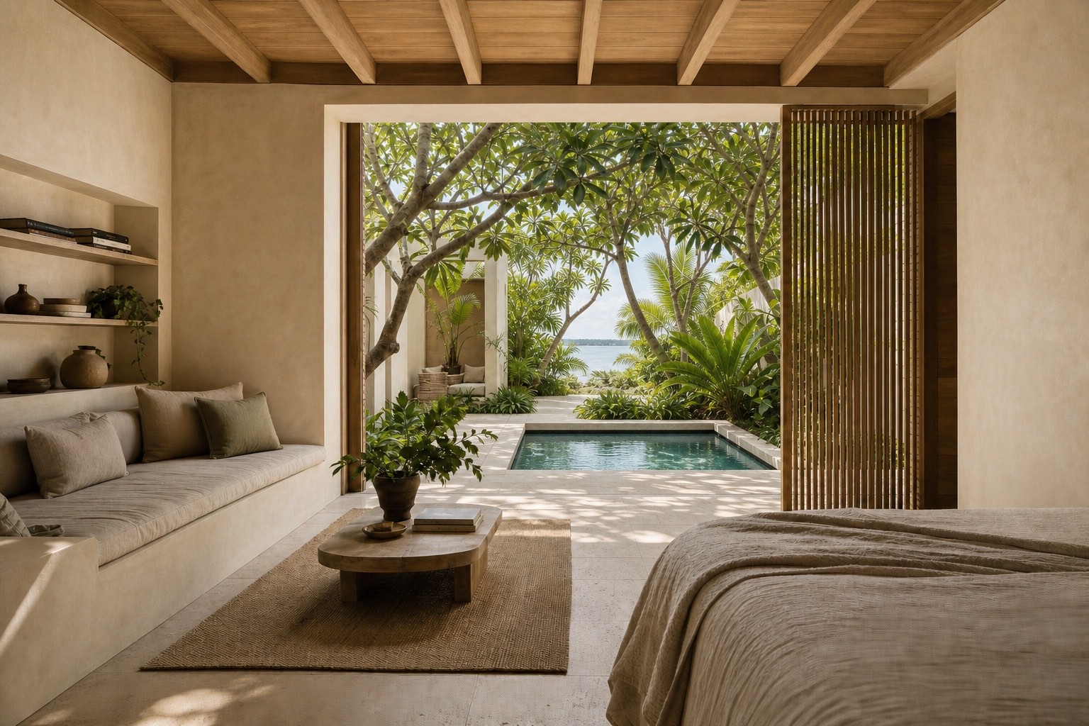 Quiet garden reading room in a custom Miami home with natural light, built-in oak furniture and a private fern courtyard.