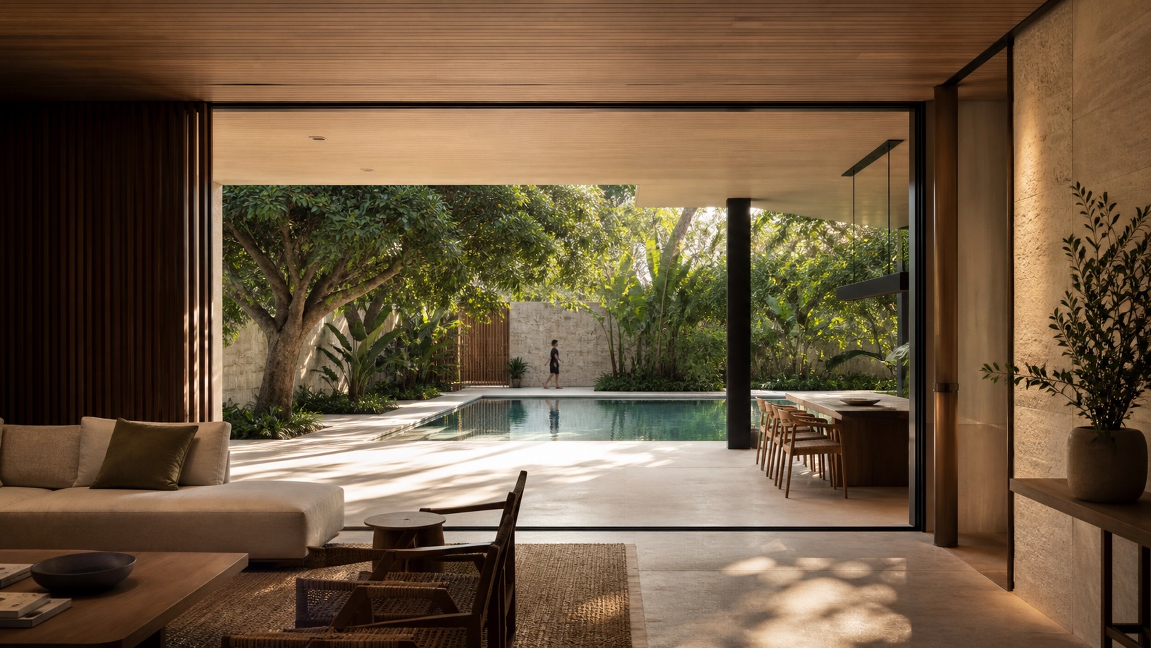 Completed contemporary Miami residence with a shaded interior, pool and tropical garden forming one calm environment.