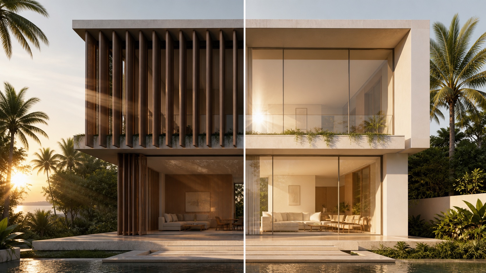 Architectural comparison of a Miami facade with vertical solar-control fins and the same facade without them.