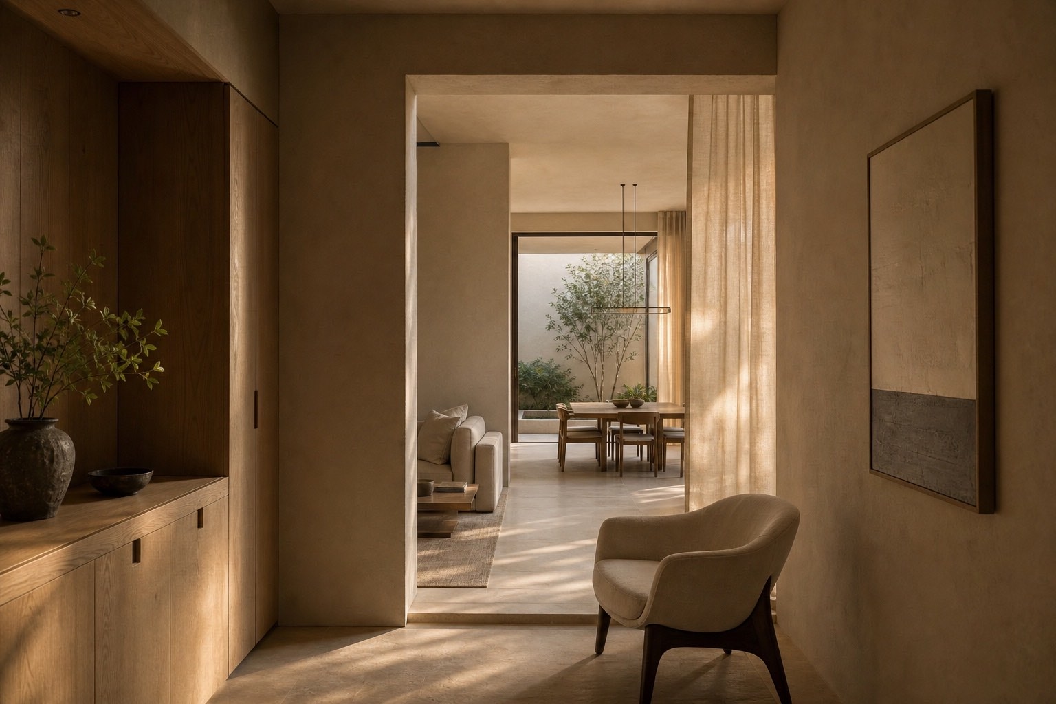 Layered interior sequence with warm oak millwork and filtered afternoon light