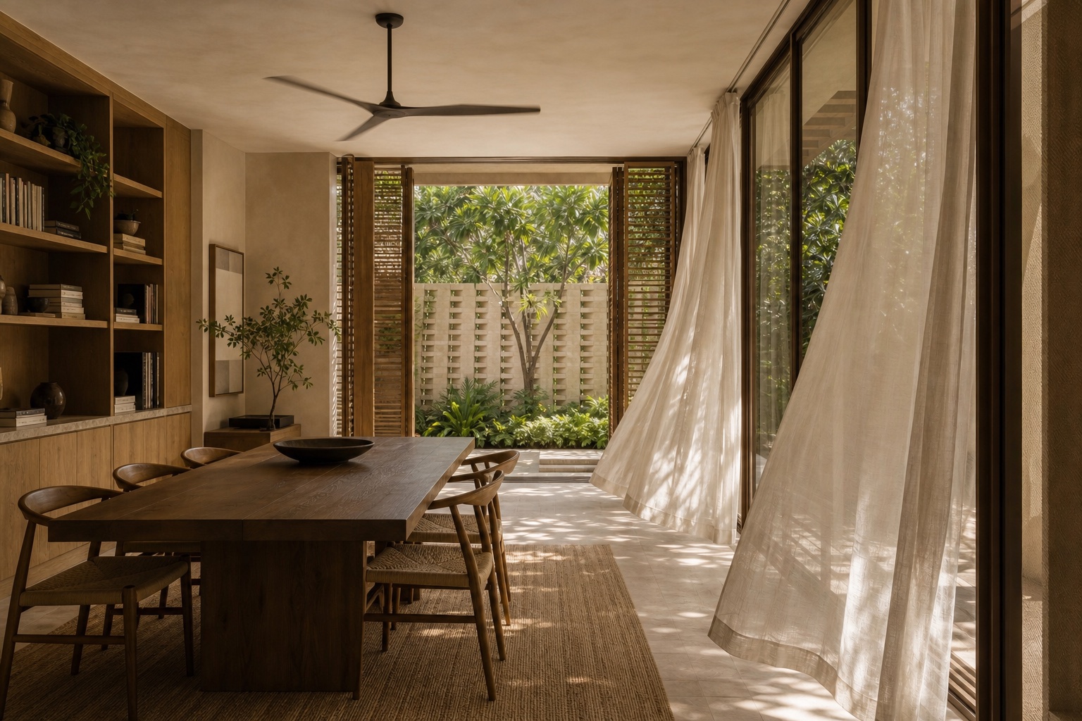 Miami interior with timber screens, linen curtains and edited natural light