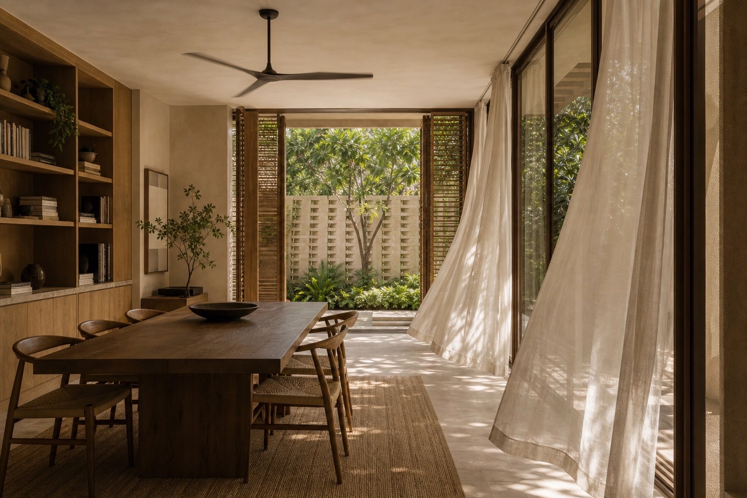 Miami interior with timber screens, linen curtains and edited natural light