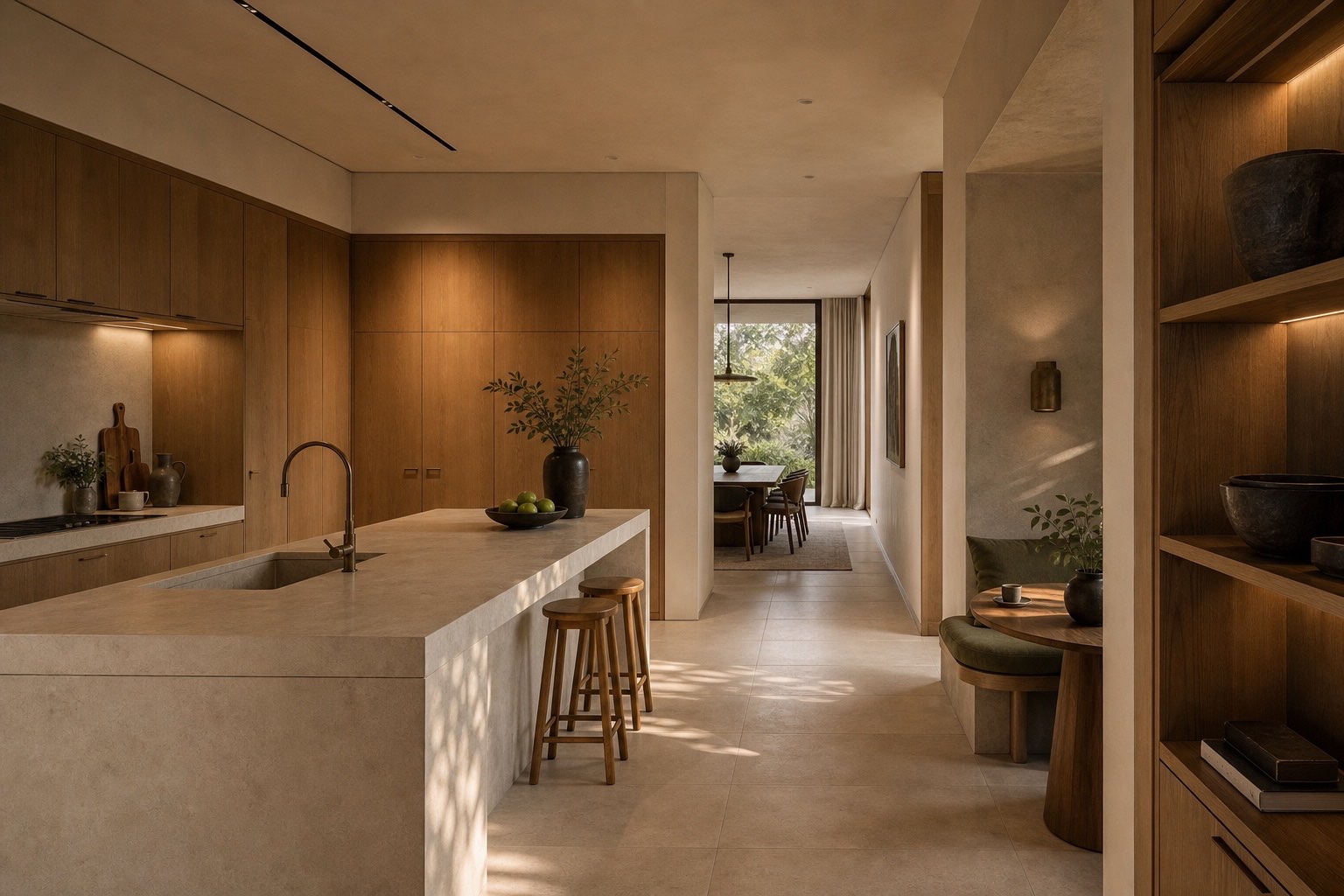 Integrated oak millwork organizing storage, lighting and a framed garden view