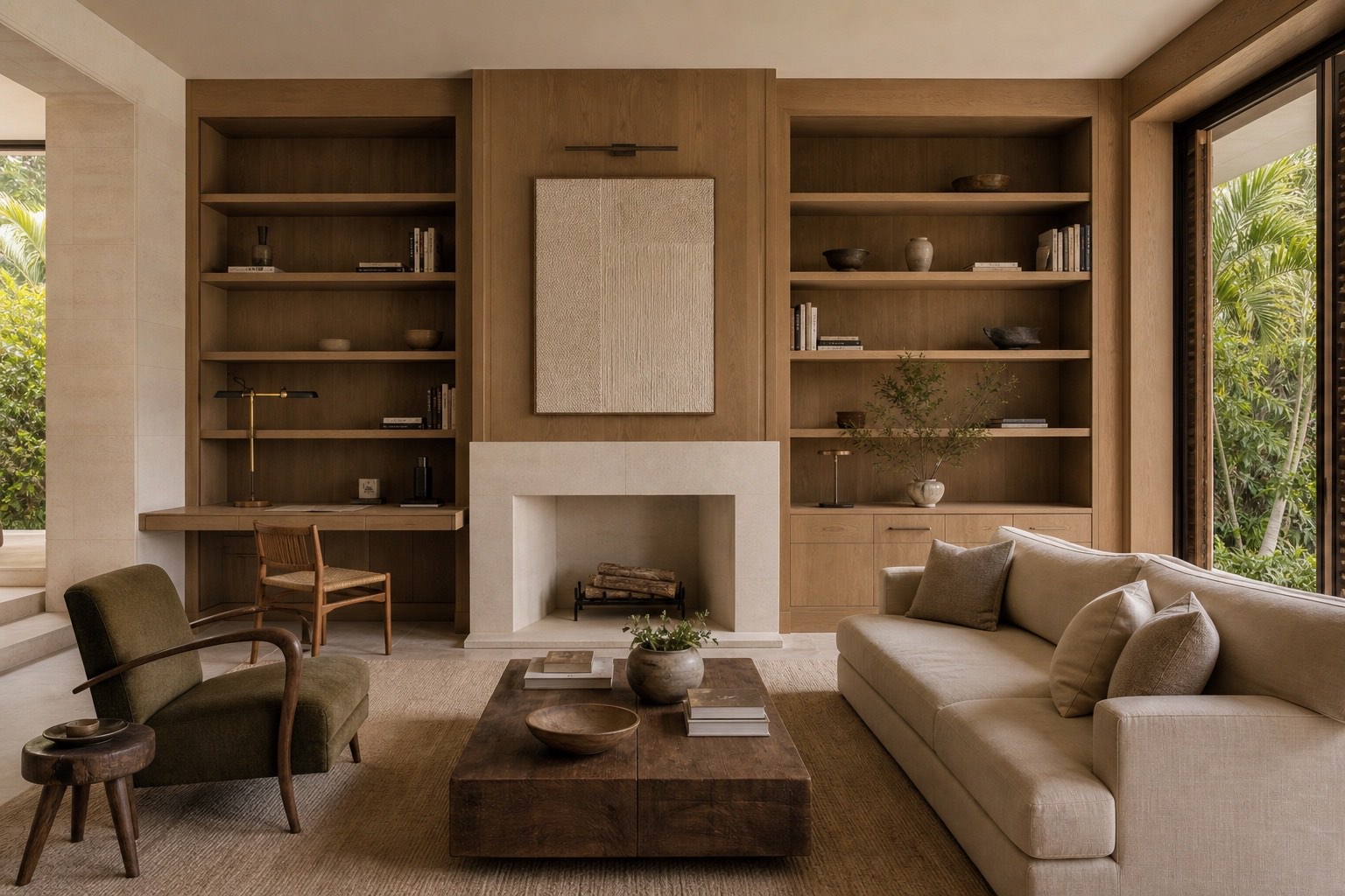 Timeless residential interior with art, natural materials and a calm garden relationship