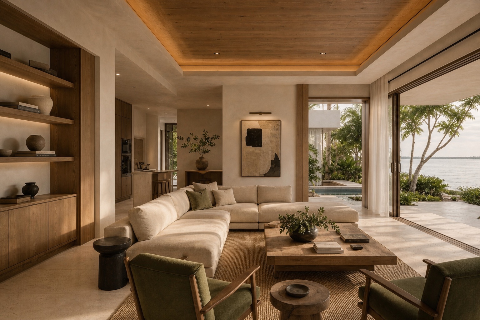 Warm contemporary interior architecture with integrated millwork, stone, filtered light and a tropical garden connection