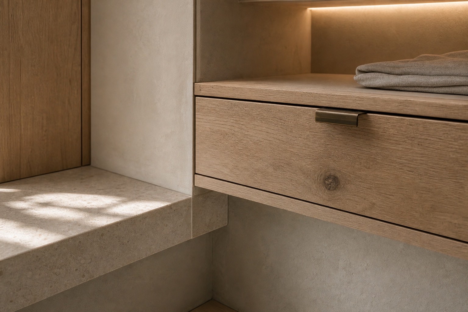 Refined interior material composition of stone, oak, plaster and aged metal