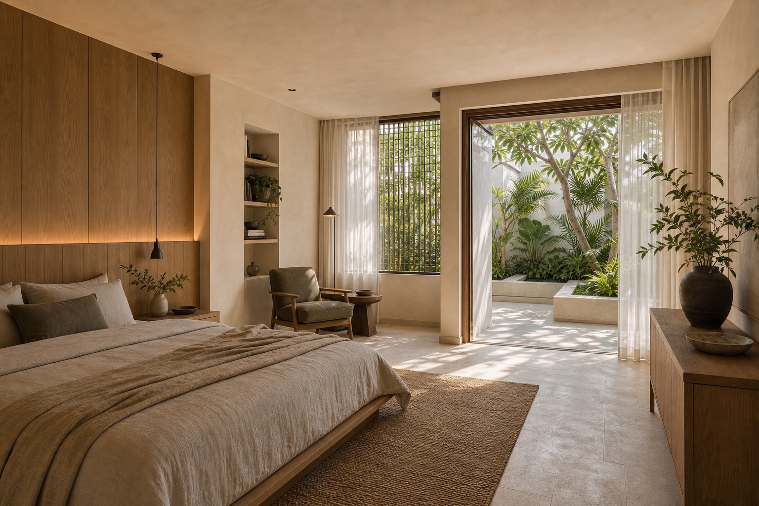 Serene Miami bedroom interior with filtered daylight, integrated oak storage, natural textiles and a private planted terrace
