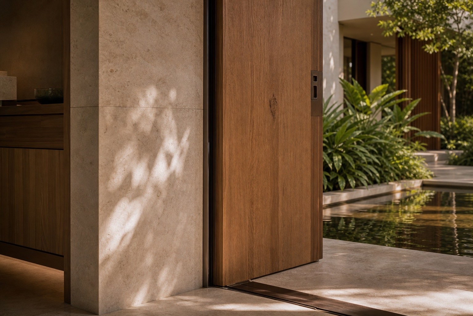 Stone, wood and bronze materials arranged with tactile depth in an ESSENCE Miami residence