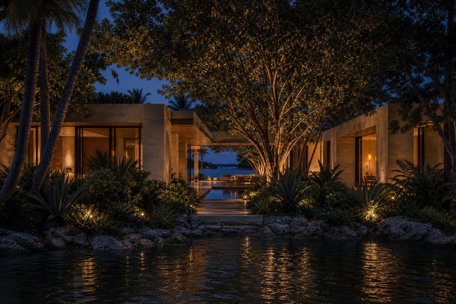 Timeless ESSENCE residence at blue hour with mature landscape, warm interiors and a lasting relationship to water