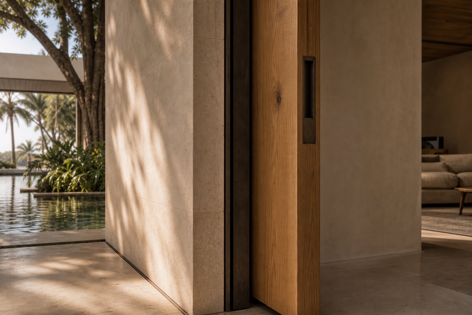 Detailed junction of limestone, oak, plaster and aged bronze in an ESSENCE custom home