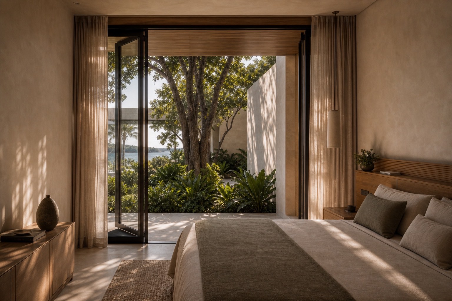 Quiet bedroom connected to a protected tropical garden and filtered morning light