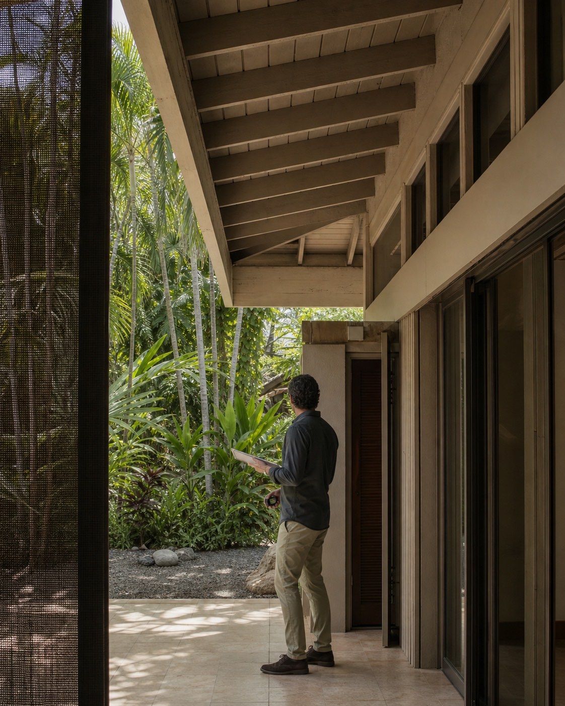 Architect evaluating shade, visible structure, circulation and the garden relationship at an existing Miami home