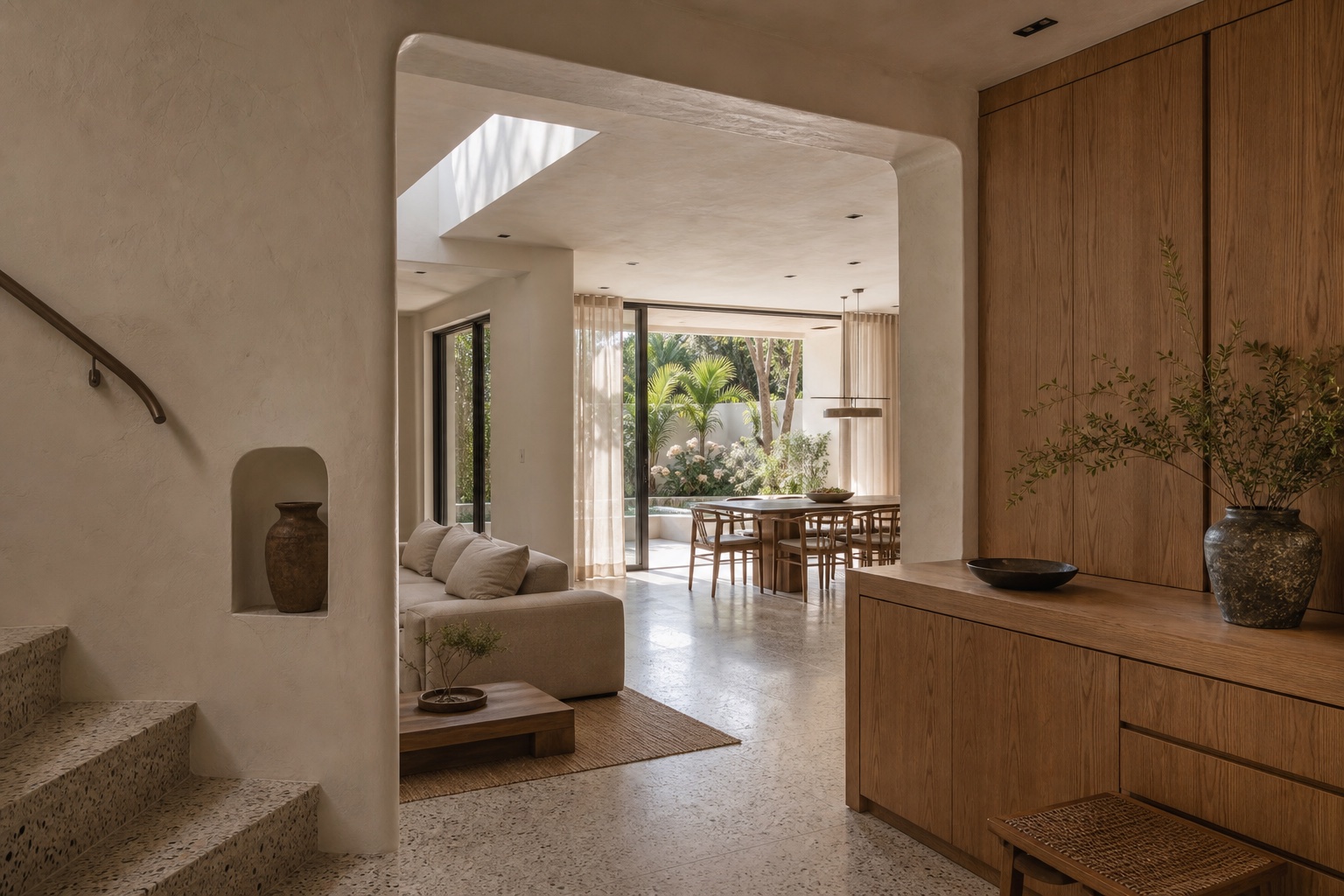 Renovated Miami interior reconnecting retained terrazzo and a rounded opening with new oak millwork and natural light