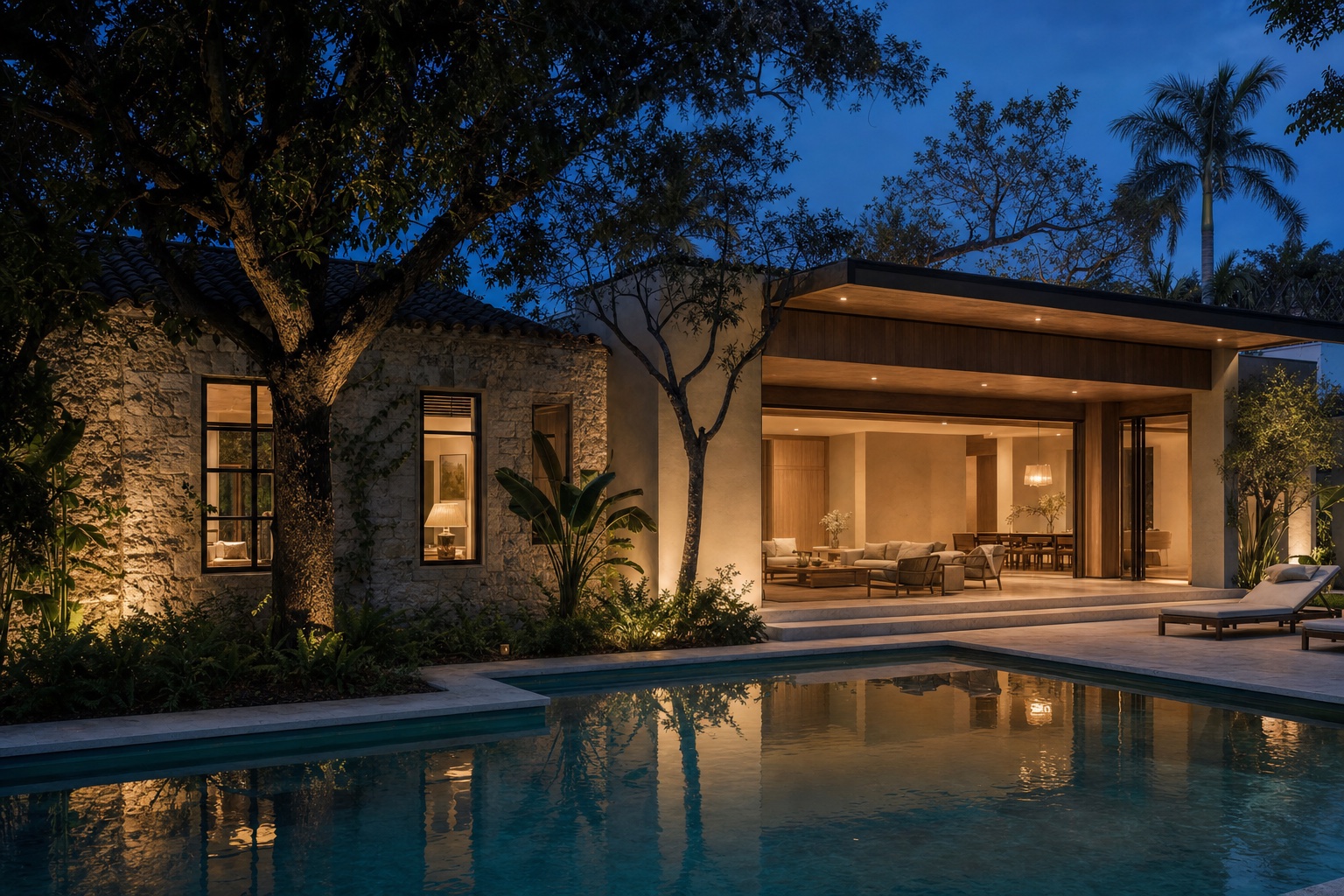 Completed Miami home transformation at dusk uniting a preserved stone wing, new open pavilion, pool and tropical landscape