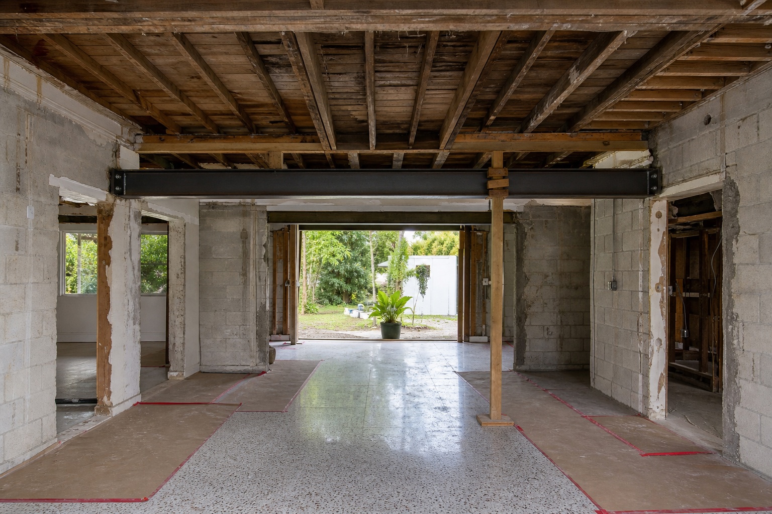 Selective residential renovation construction retaining masonry walls and timber roof while inserting a precise new steel beam