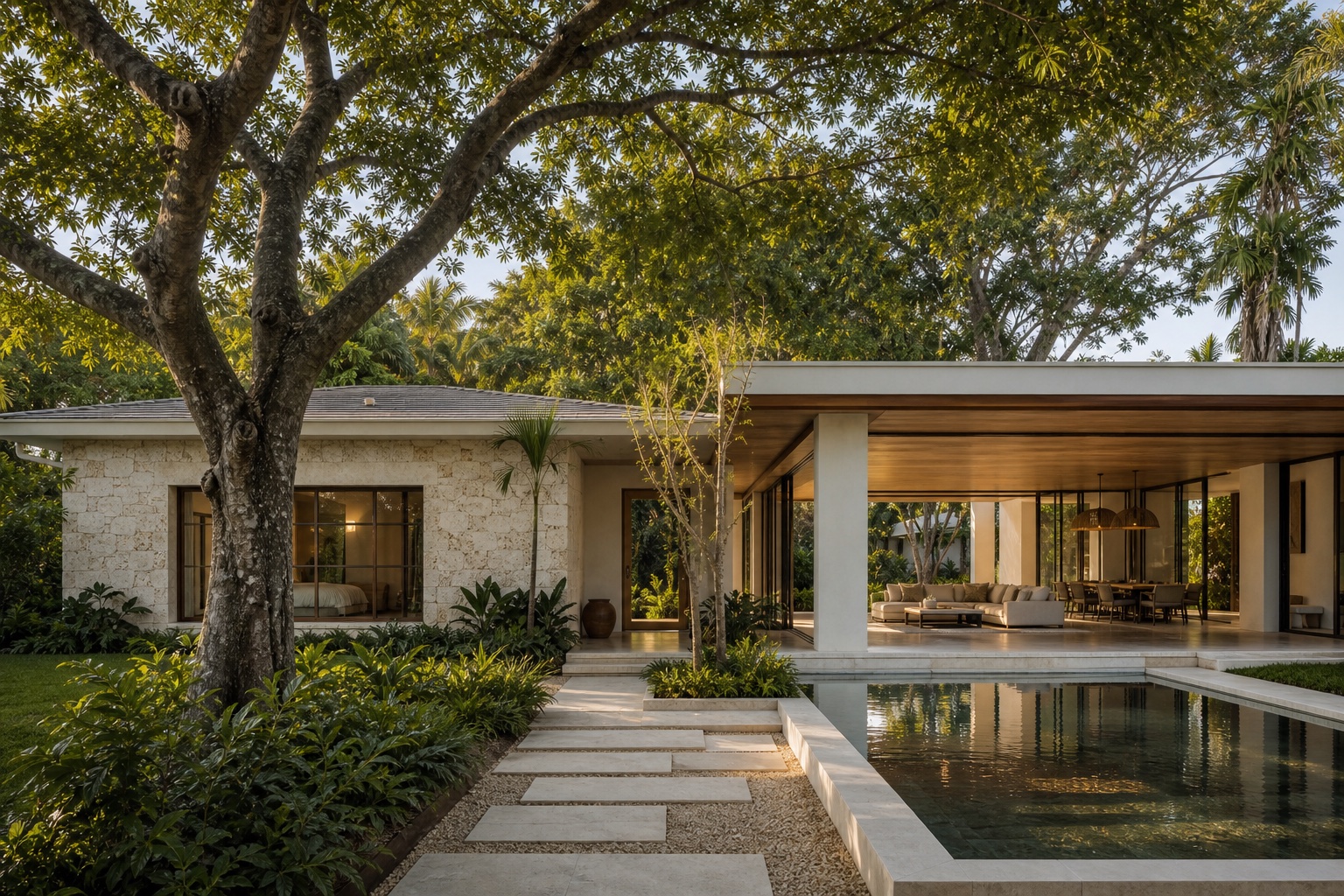 Miami residential transformation preserving a coral-stone wing and mature tree while adding a shaded contemporary pavilion and pool