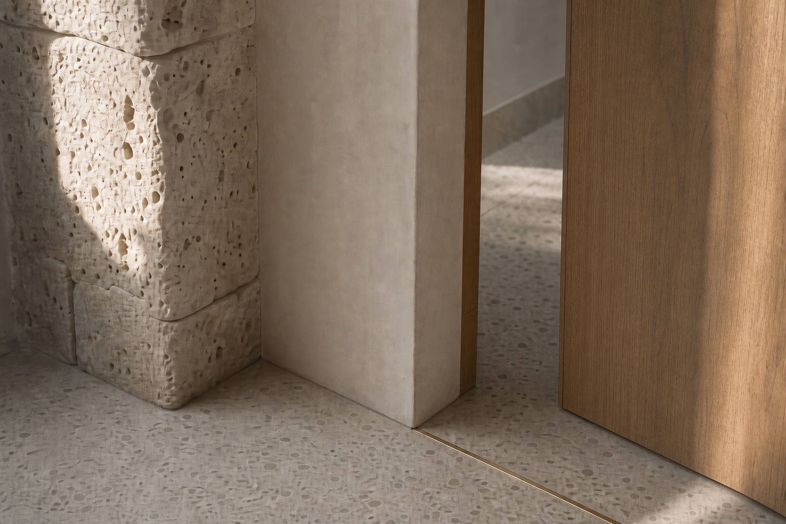 Detailed junction of preserved coral stone, restored terrazzo, lime plaster, oak and bronze in a Miami renovation