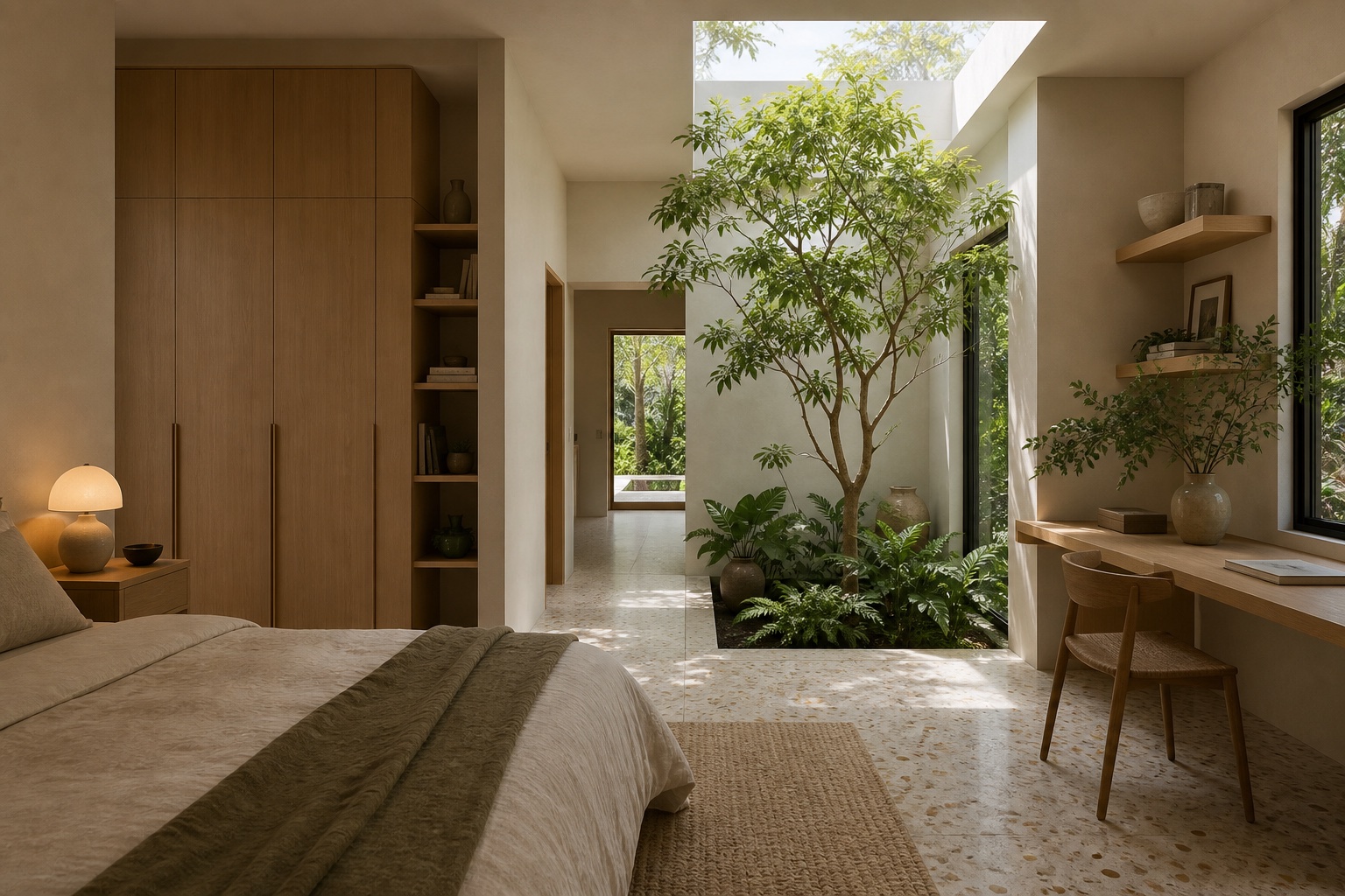 Previously dark Miami home transformed around a planted courtyard that brings daylight and calm between bedroom and study