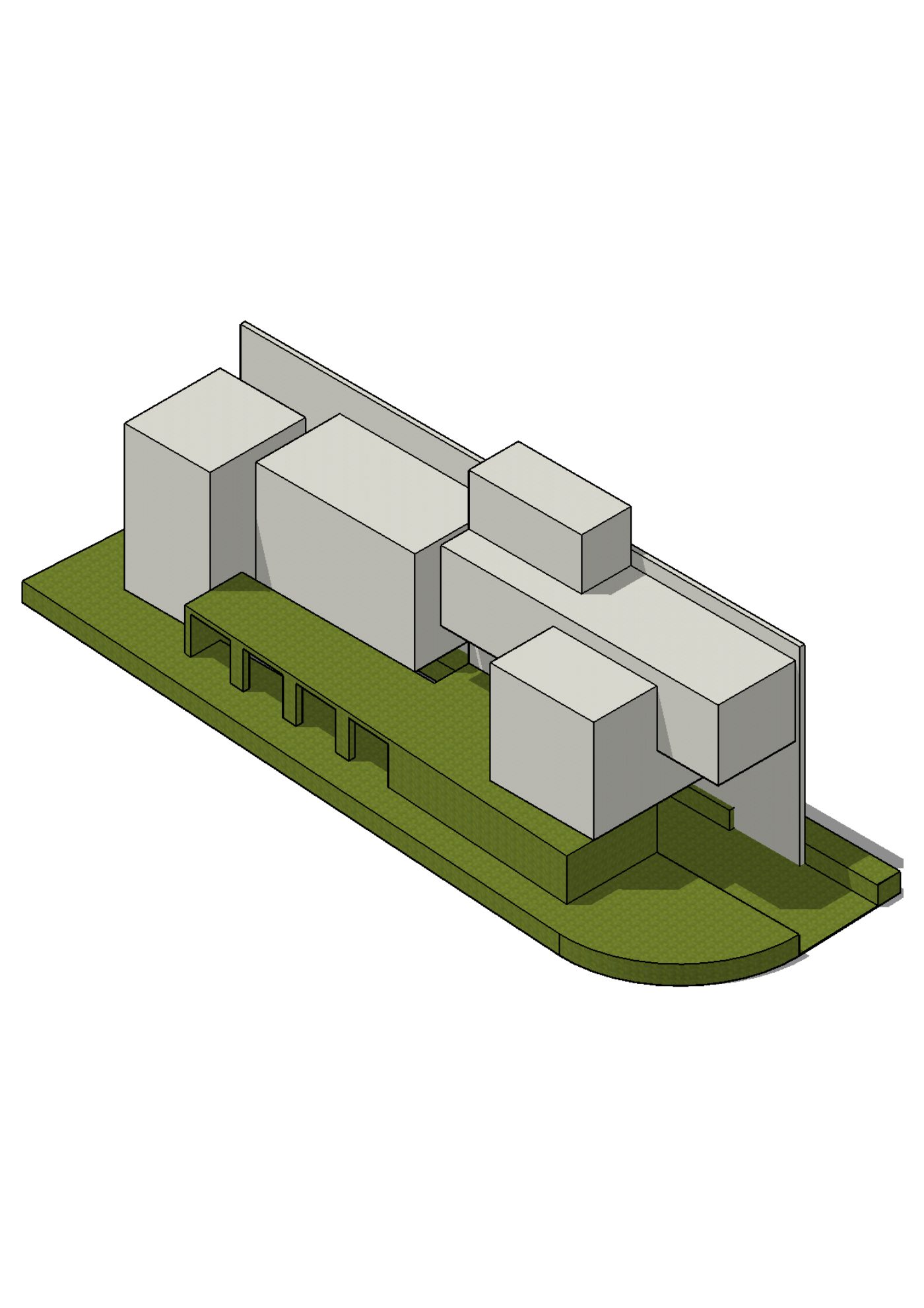 Final concept diagram of the Fair Isle Residence volumes integrated with its raised terrain.