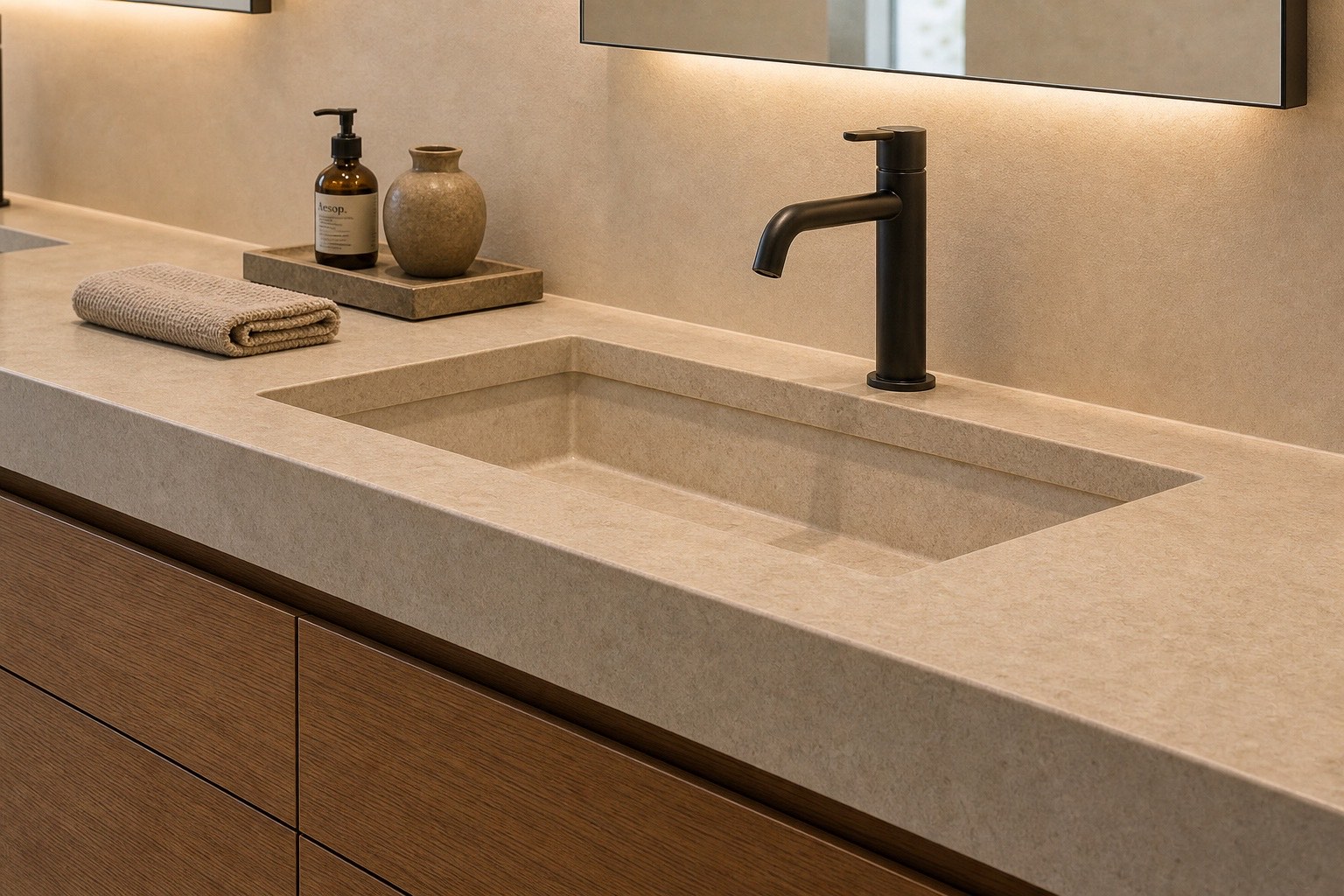 Integrated stone basin and warm timber vanity detail at Loxahatchee House