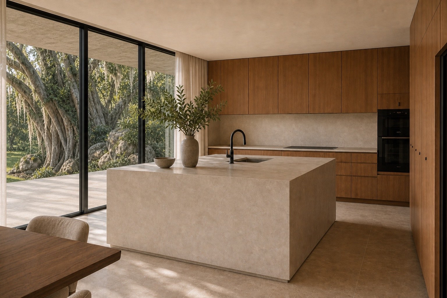 Loxahatchee House kitchen composed in warm wood and pale natural stone