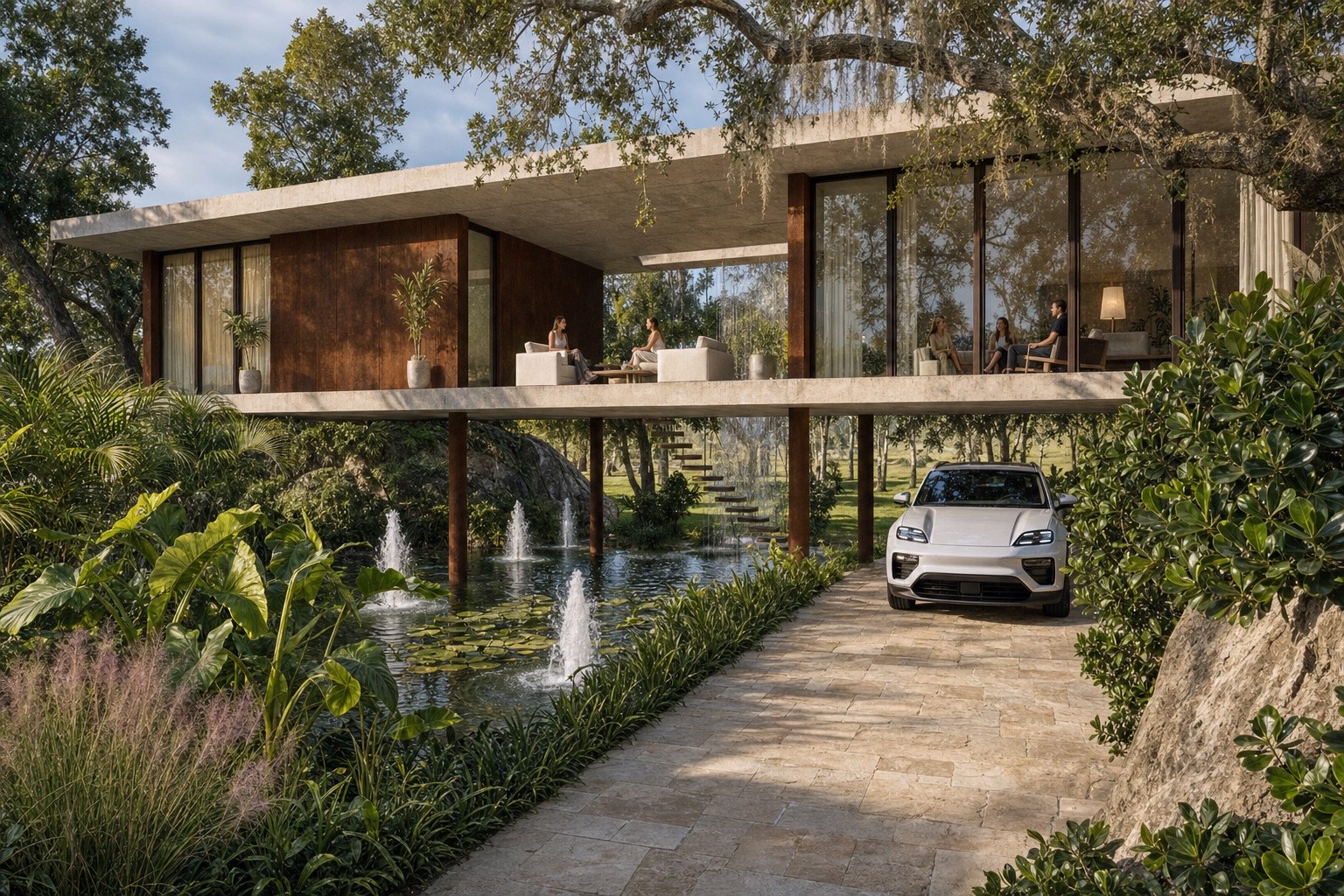 Architectural visualization of Loxahatchee House emerging between newly formed planted mounds and a designed lake landscape.