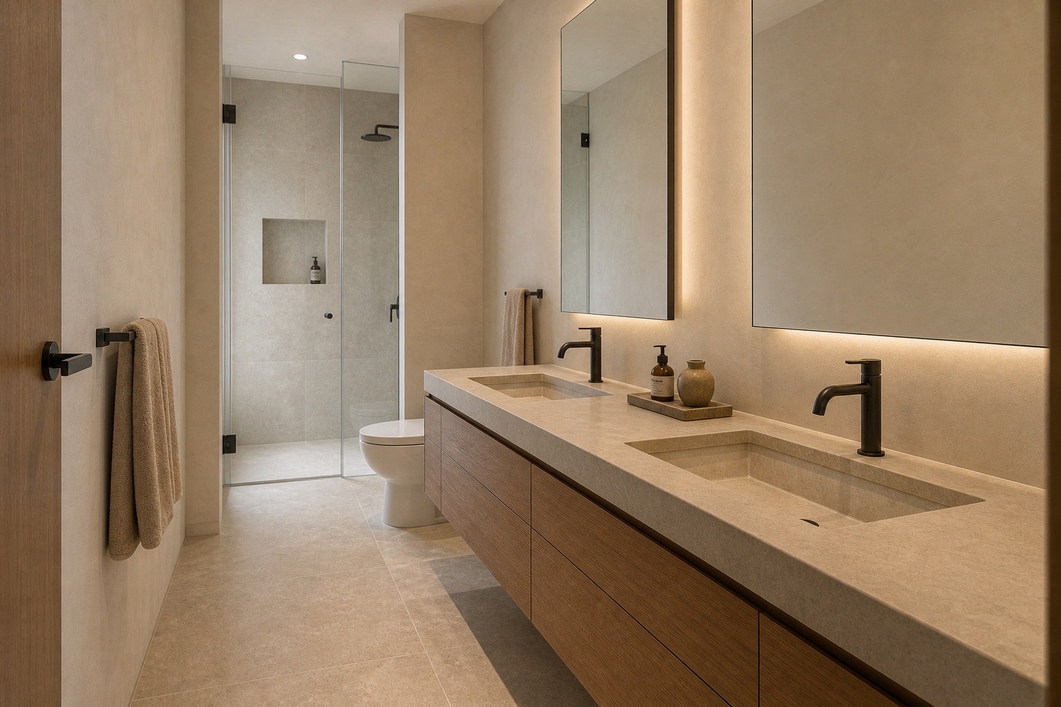 Calm bathroom in natural stone and wood at Loxahatchee House