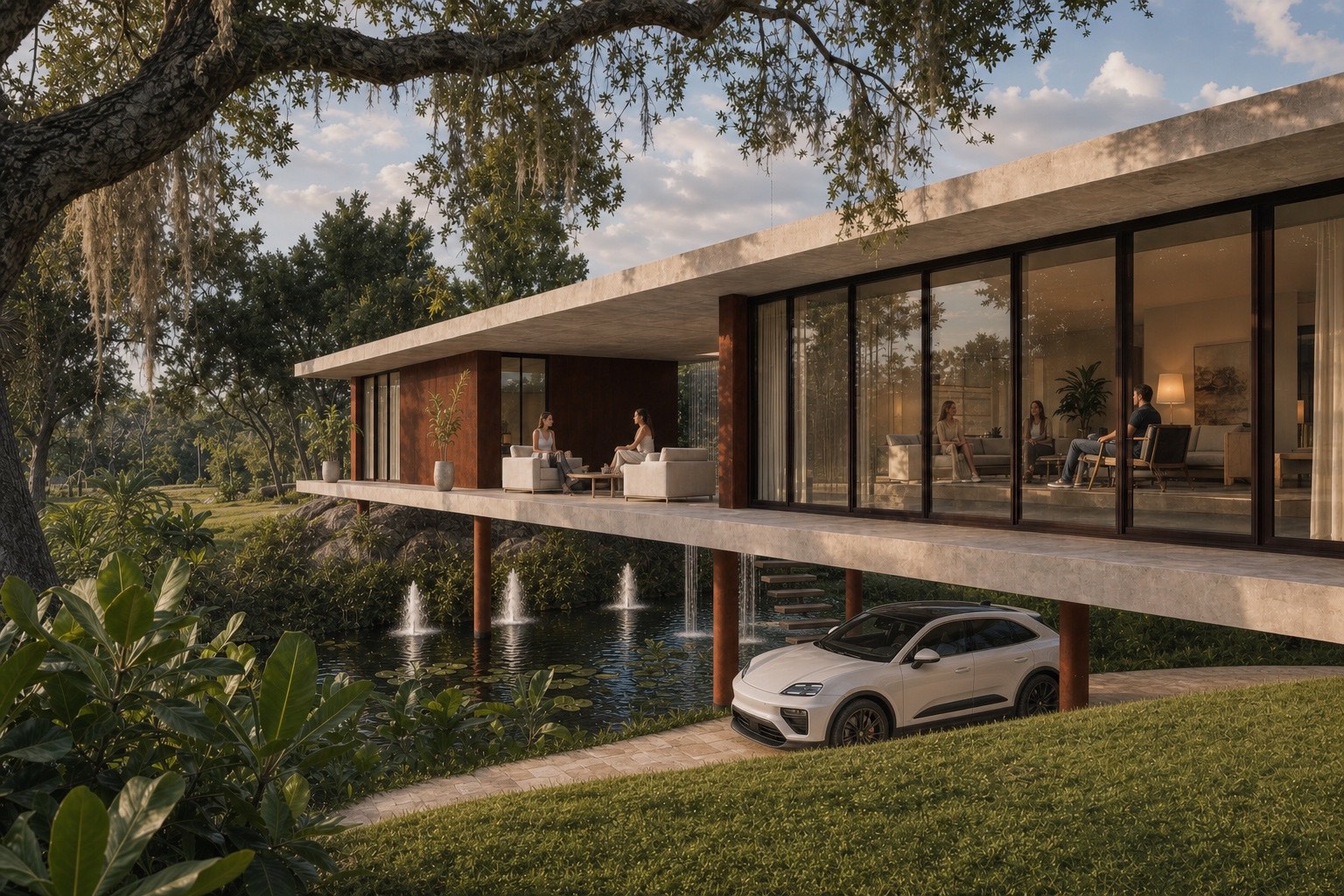Architectural visualization of the south-facing Loxahatchee House protected by deep shade above a lake and tropical landscape.