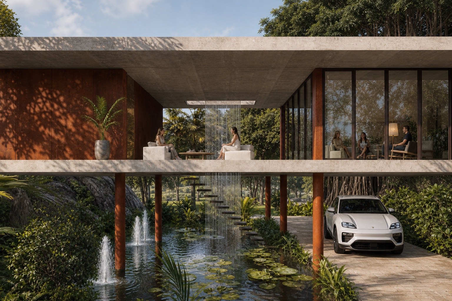 Architectural visualization of the central void and waterfall at Loxahatchee House connecting terrace, water and tropical planting.