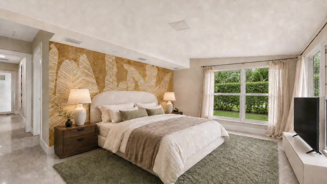 Calm primary bedroom with neutral palette and green views