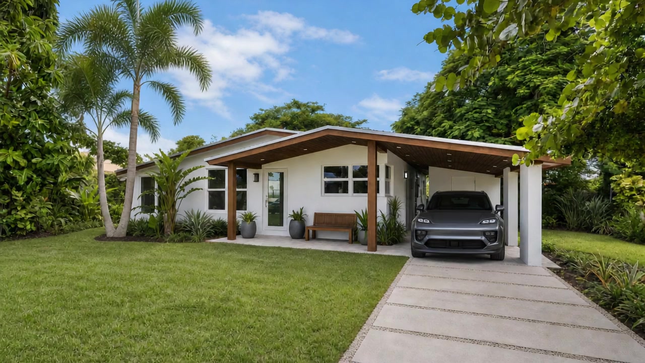 Remodeled Oakland Park House facade with timber porch and Porsche Electric