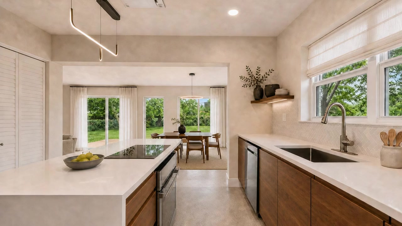 Open kitchen with original terrazzo and walnut cabinetry