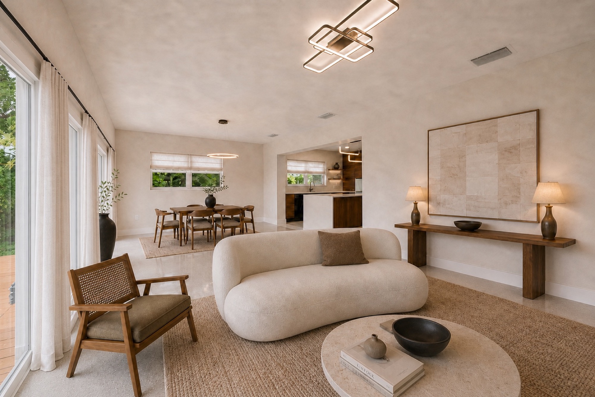 New open living and dining room looking toward the kitchen at Oakland Park House