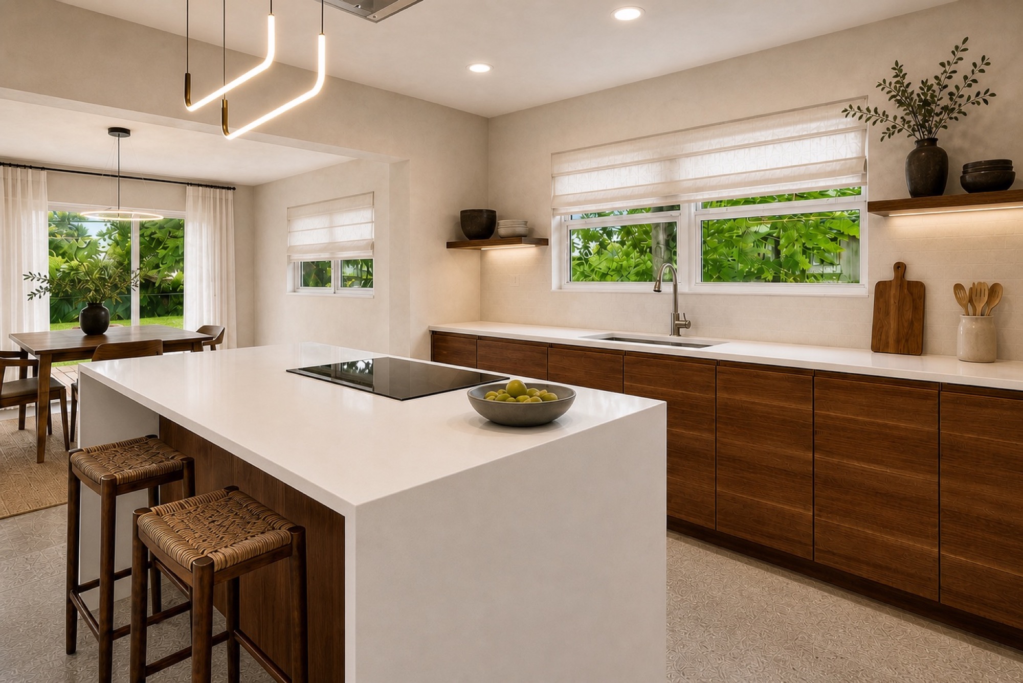 Detail of walnut cabinetry, pale countertop and integrated lighting