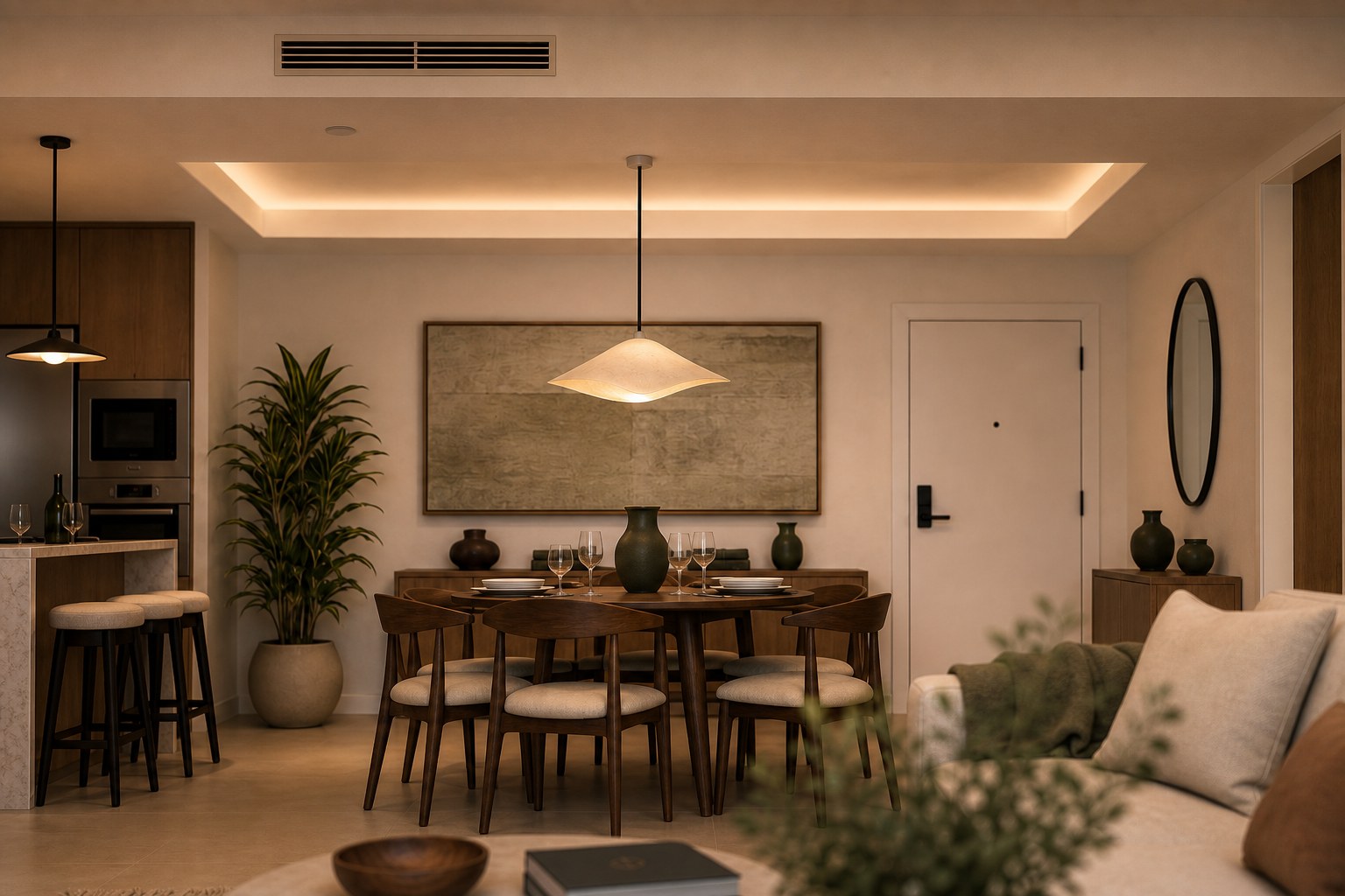 Design visualization of warm lighting and tactile materials in the dining room