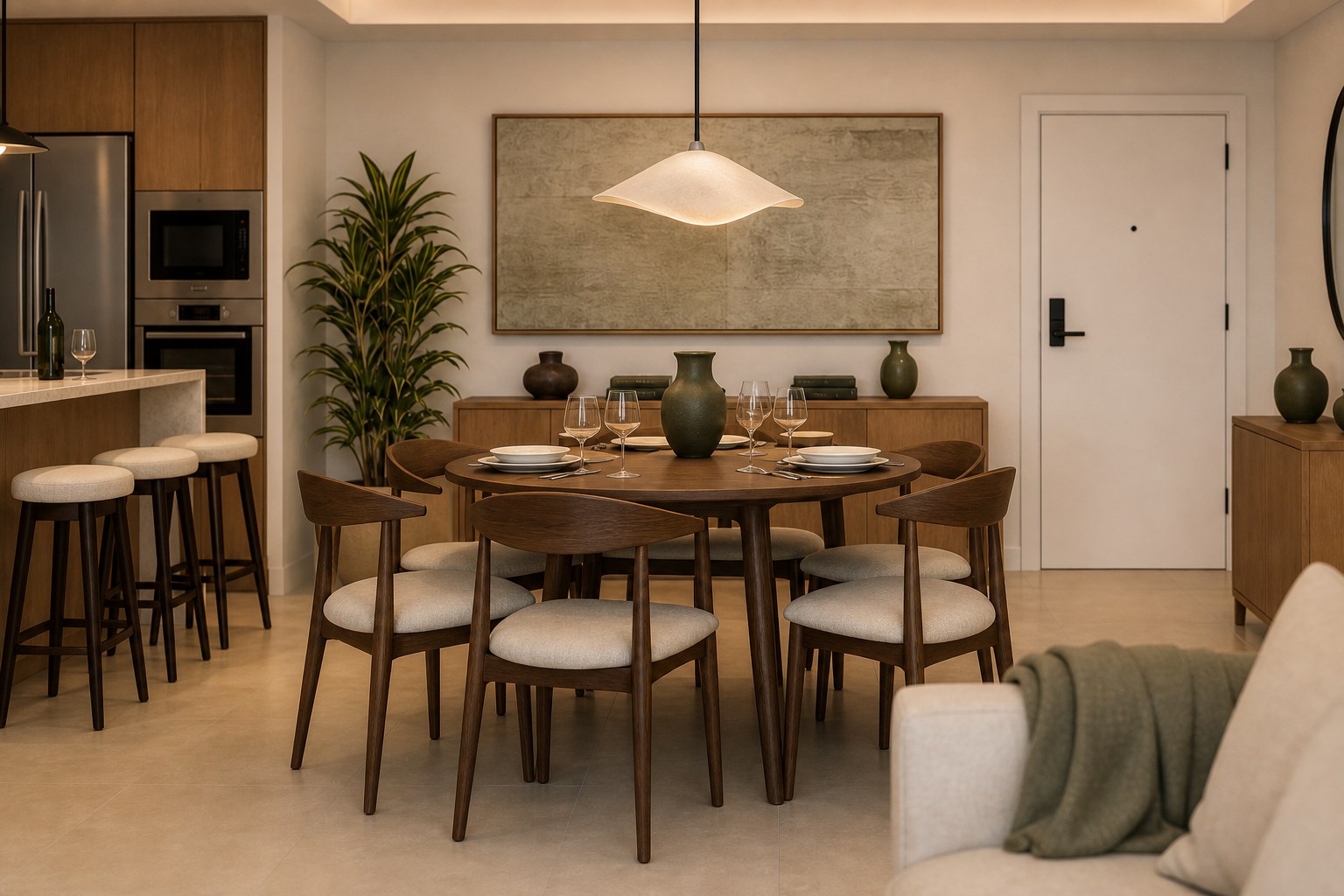 Design visualization of the dining room connected with kitchen and living areas