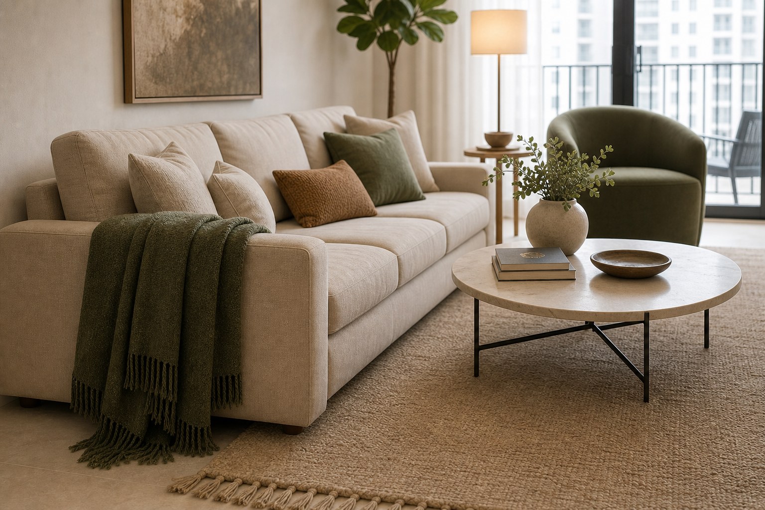 Design visualization of the earthy living room with wood, textiles and warm tones