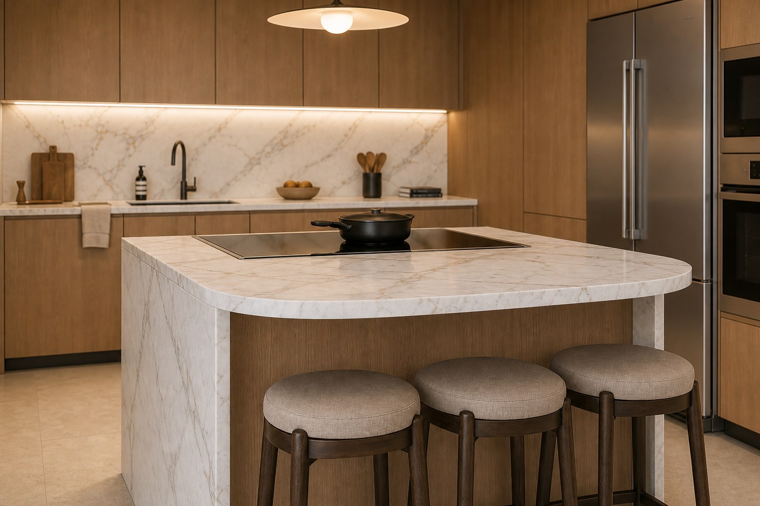 Design visualization detail of the stone island between kitchen and living room