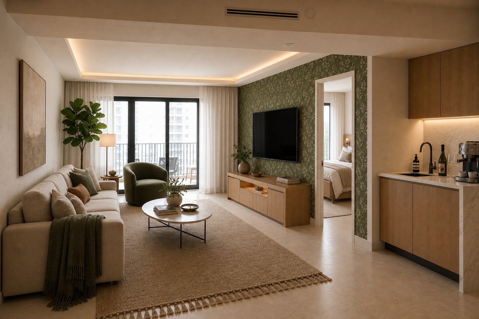 Warm open-plan apartment interior in Hollywood Beach