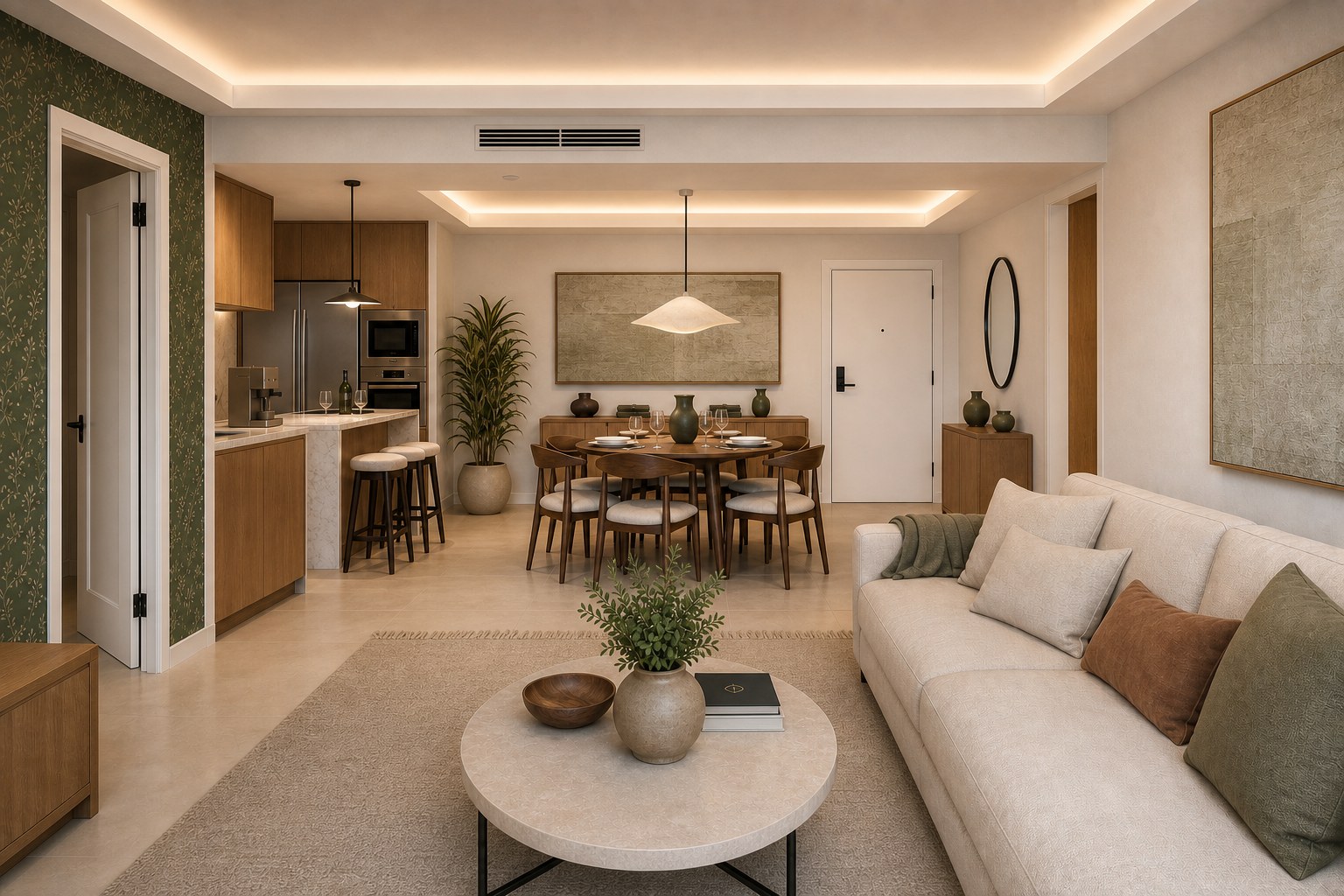Design visualization of the living and dining room opened to the new kitchen at Ocean Drive Apartment